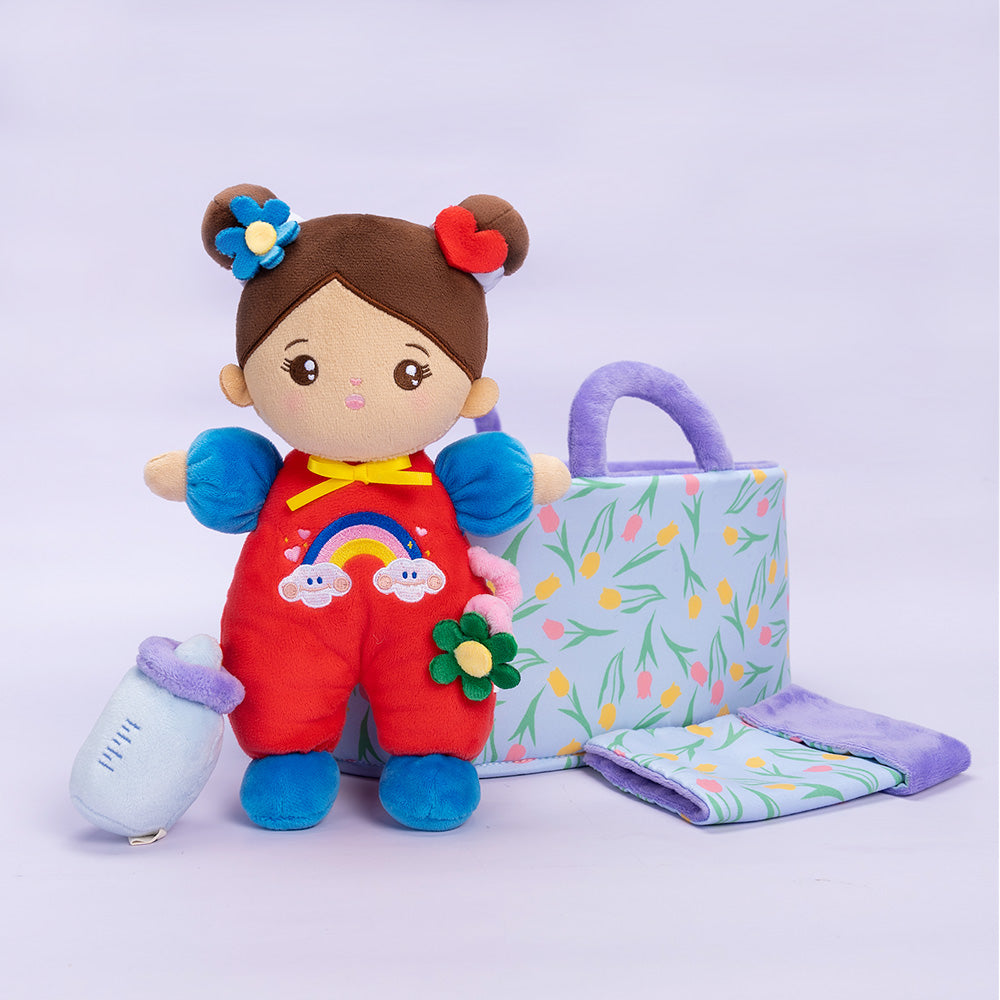 Mini Personnalisée Poupée en Peluche avec Yeux Ouverts dans Teint Brun& Ensemble-cadeau