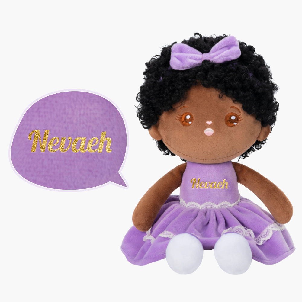 Teint Foncé Personnalisée Poupée en Peluche avec Yeux Ouverts en Robe Violette