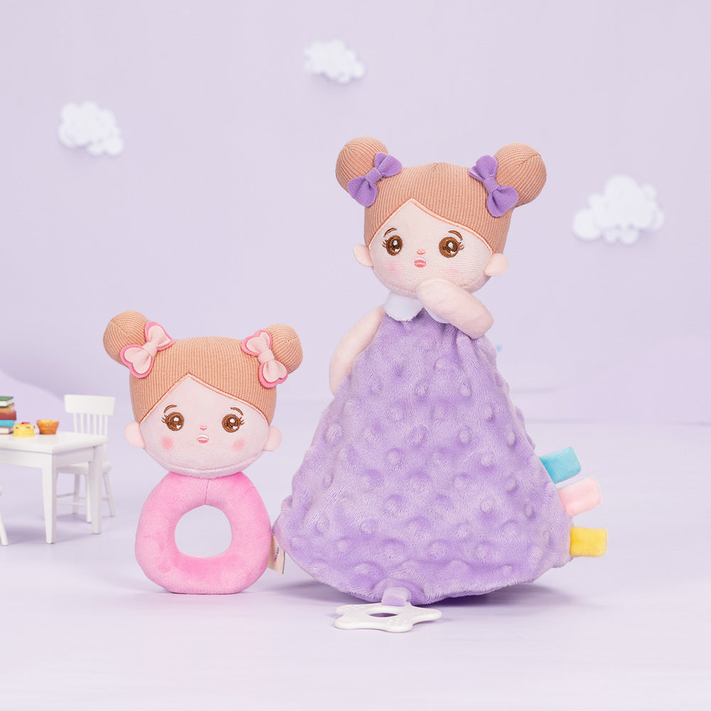 Serviette en Peluche Douce Violet avec Anneau de Dentition pour Bébé