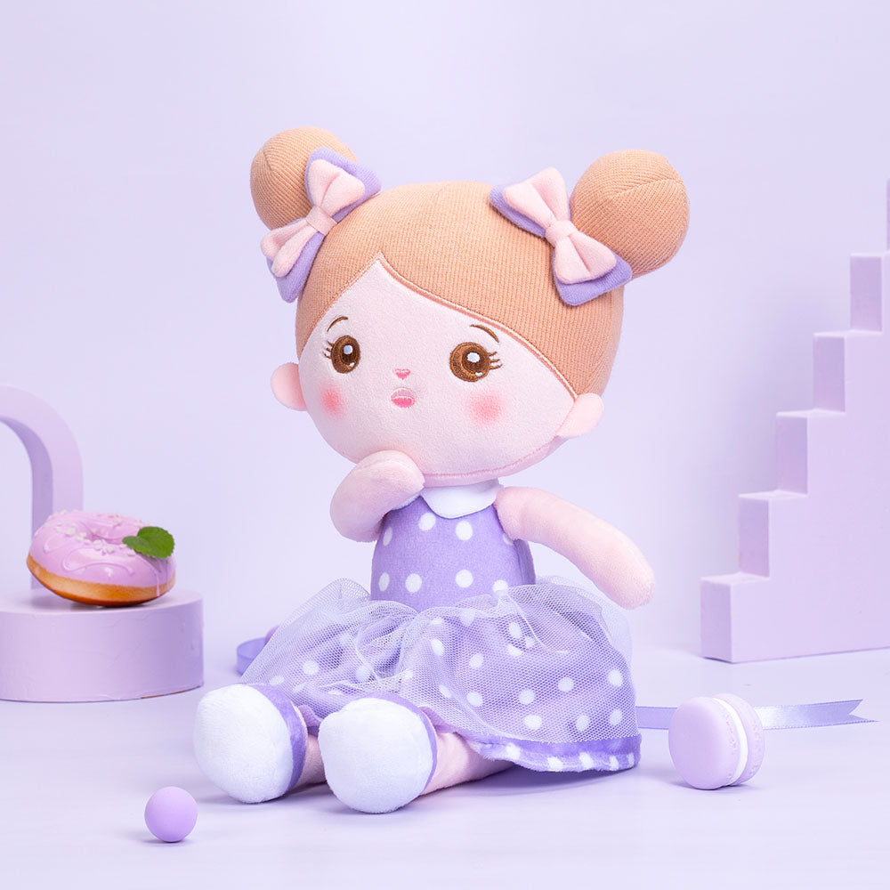 Personnalisée Poupée en Peluche avec Yeux Ouverts en Robe à Pois Violets