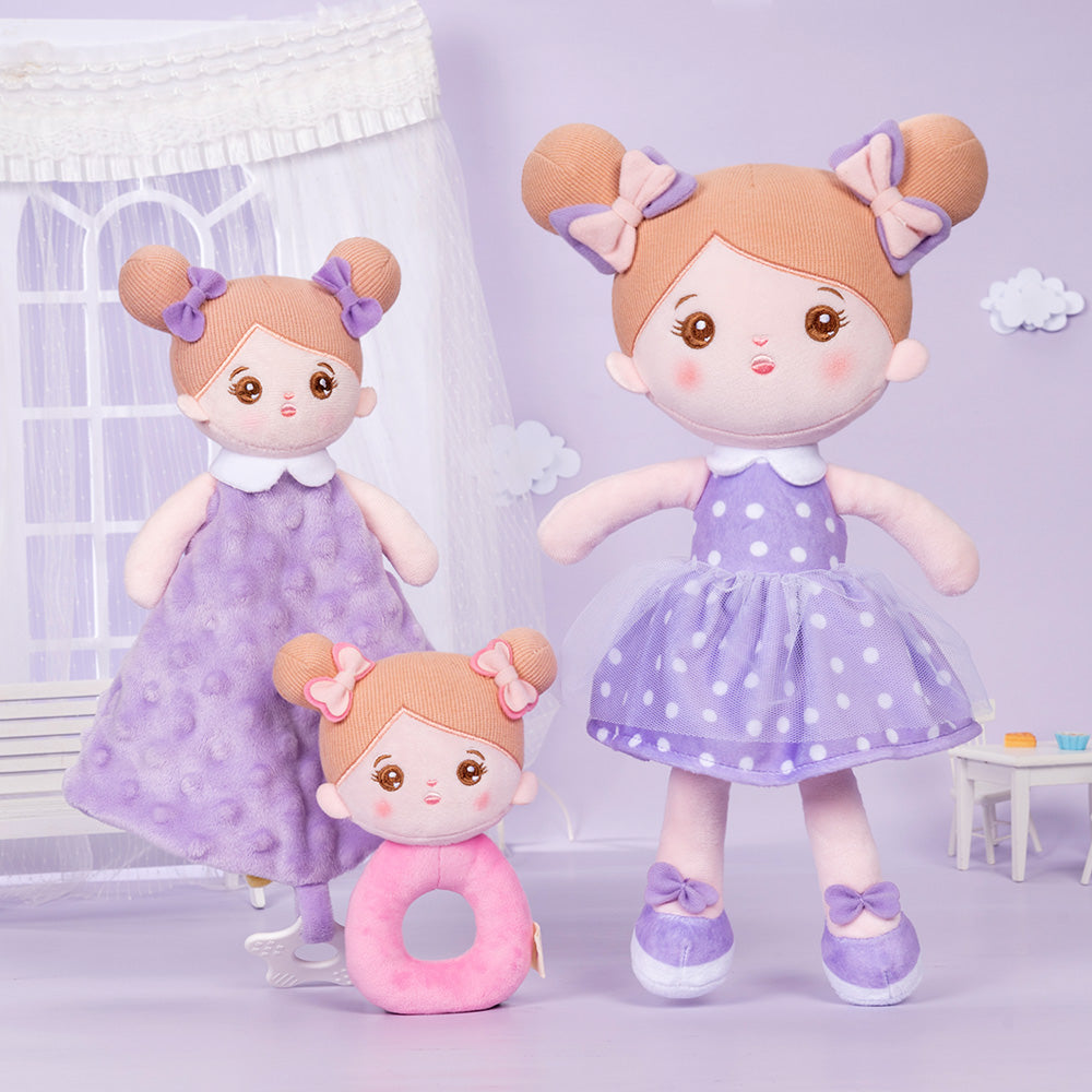 Personnalisée Poupée en Peluche avec Yeux Ouverts en Robe à Pois Violets