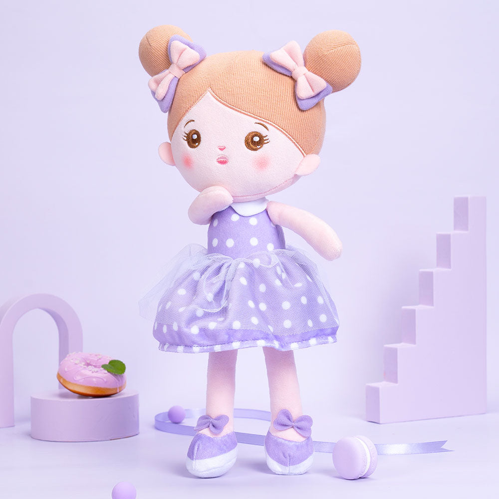 Personnalisée Poupée en Peluche avec Yeux Ouverts en Robe à Pois Violets