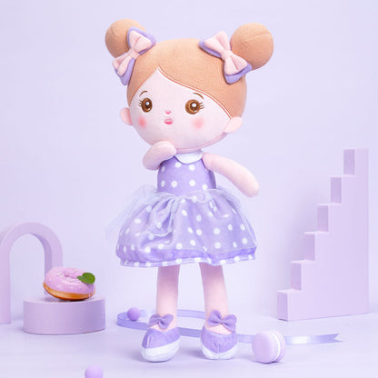 Personnalisée Poupée en Peluche avec Yeux Ouverts en Robe à Pois Violets