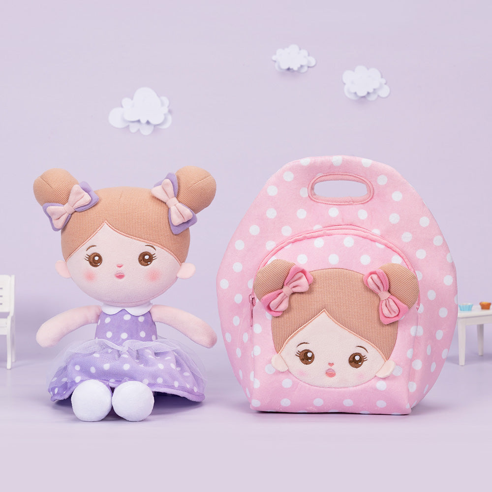 Personnalisée Poupée en Peluche avec Yeux Ouverts en Robe à Pois Violets