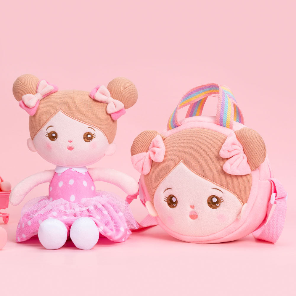 Personnalisée Poupée en Peluche avec Yeux Ouverts en Robe à Pois Roses