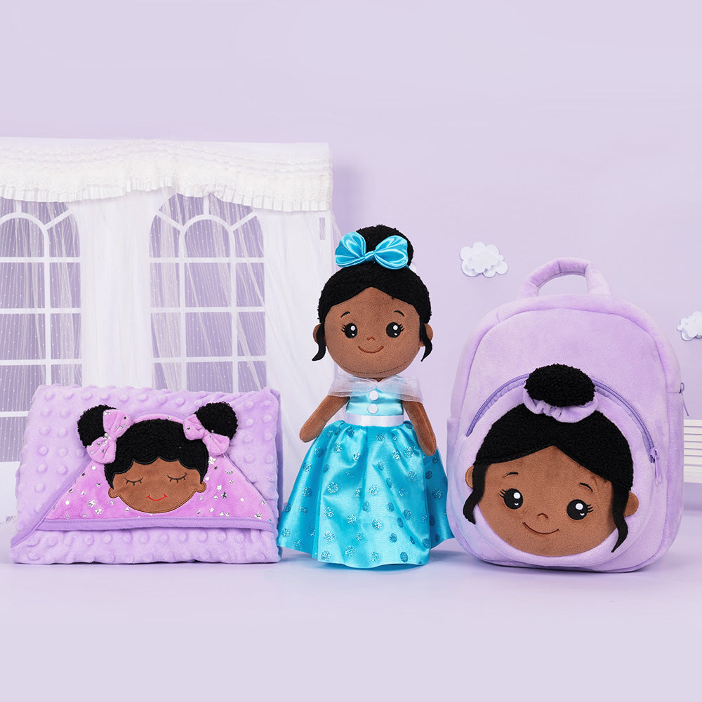 Teint Foncé Personnalisée Poupée en Peluche en Robe Longue Bleue