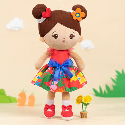 Poupée peluche personnalisée, peau marron, robe fleurie rouge
