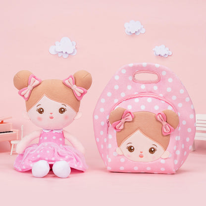 Personnalisée Poupée en Peluche avec Yeux Ouverts en Robe à Pois Roses