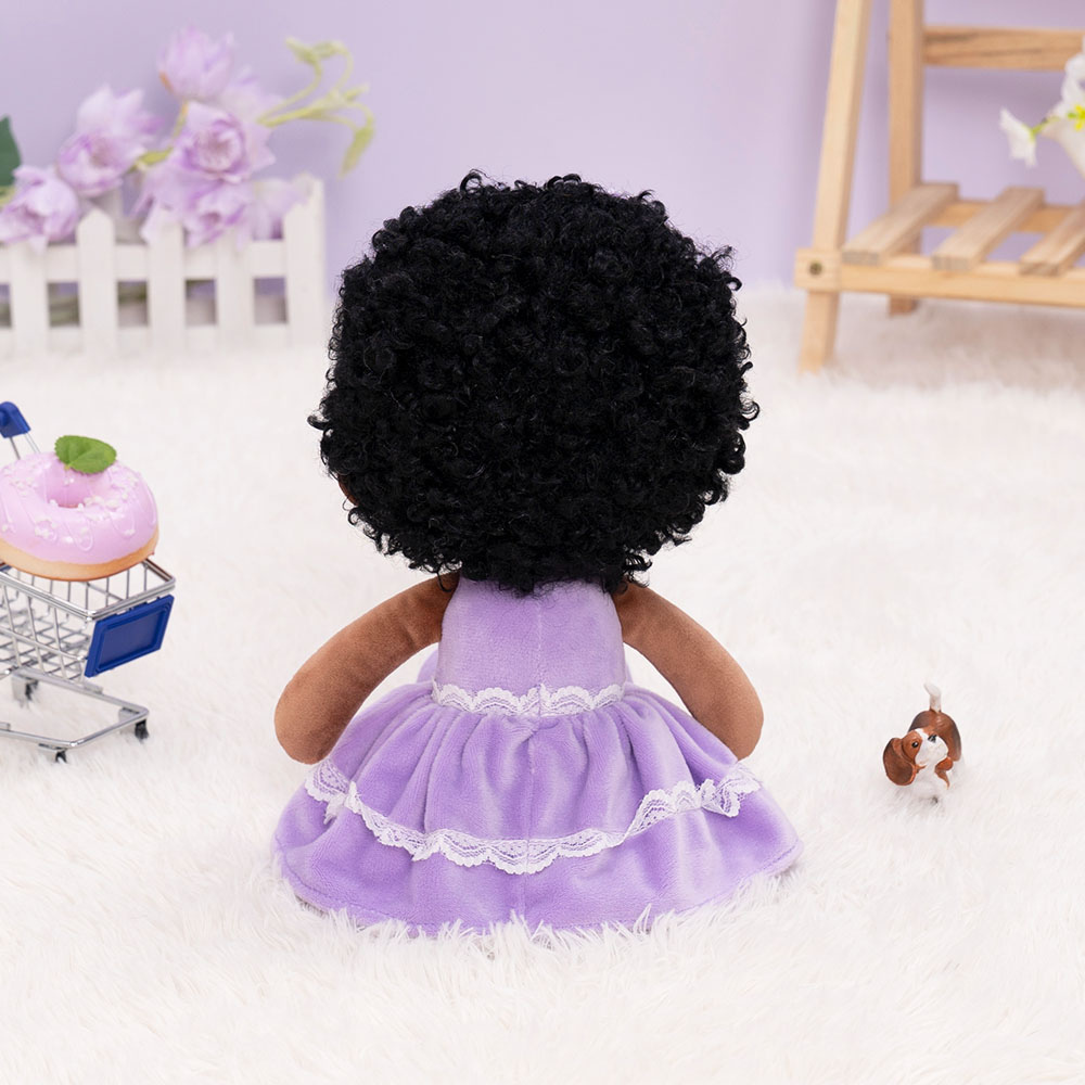 Teint Foncé Personnalisée Poupée en Peluche avec Yeux Ouverts en Robe Violette