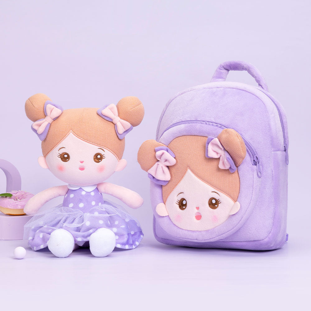 Personnalisée Poupée en Peluche avec Yeux Ouverts en Robe à Pois Violets