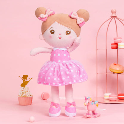 Personnalisée Poupée en Peluche avec Yeux Ouverts en Robe à Pois Roses