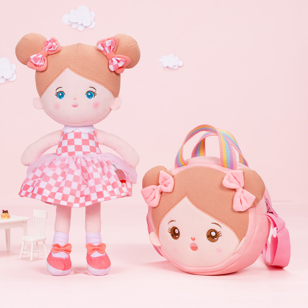 Personnalisée Poupée en Peluche avec Yeux Bleus Ouverts en Robe aux Carreaux Roses