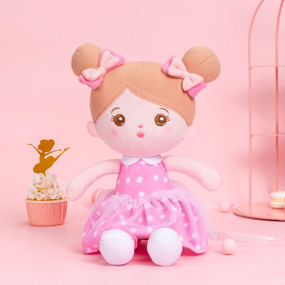 Personnalisée Poupée en Peluche avec Yeux Ouverts en Robe à Pois Roses