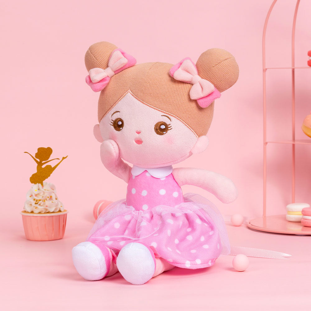 Personnalisée Poupée en Peluche avec Yeux Ouverts en Robe à Pois Roses