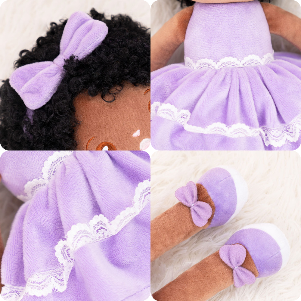 Teint Foncé Personnalisée Poupée en Peluche avec Yeux Ouverts en Robe Violette