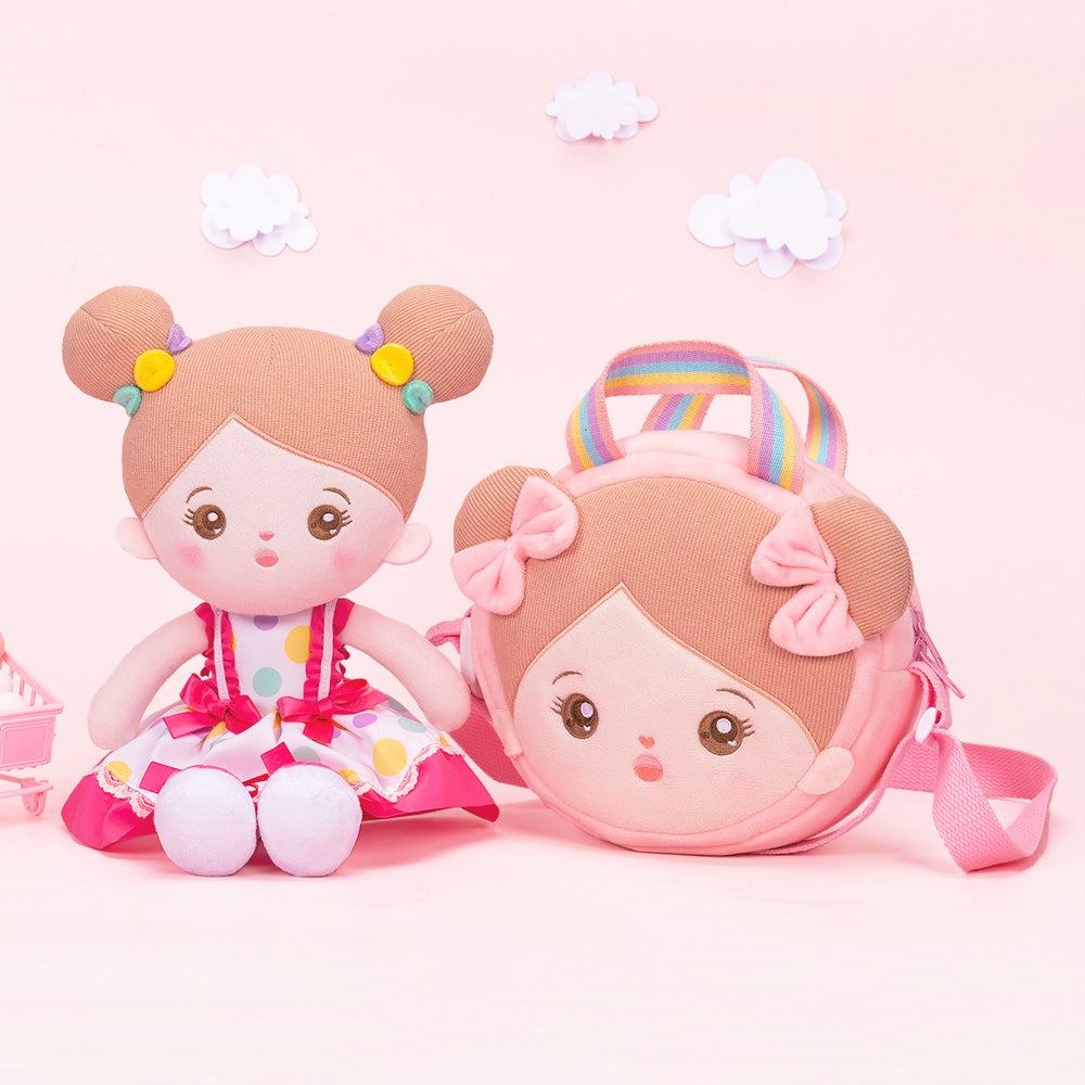 Personnalisée Poupée en Peluche avec Yeux Ouverts en Robe Noeud Rose