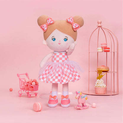 Personnalisée Poupée en Peluche avec Yeux Bleus Ouverts en Robe aux Carreaux Roses