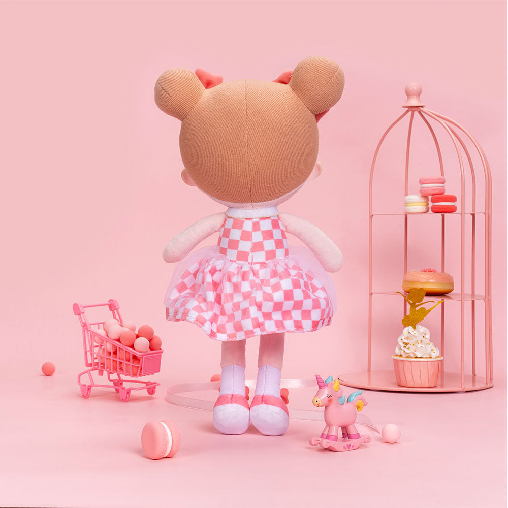 Personnalisée Poupée en Peluche avec Yeux Bleus Ouverts en Robe aux Carreaux Roses