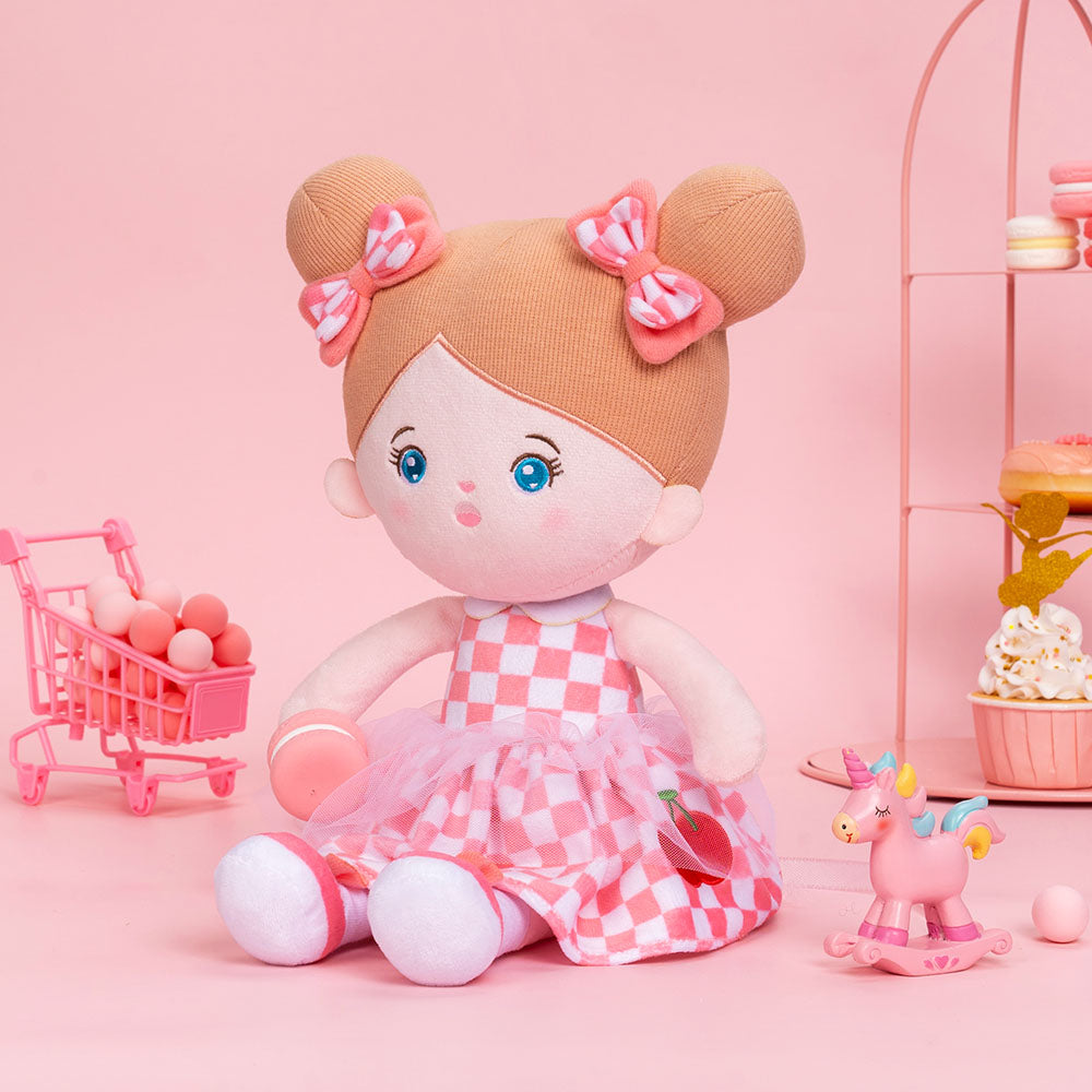 Personnalisée Poupée en Peluche avec Yeux Bleus Ouverts en Robe aux Carreaux Roses